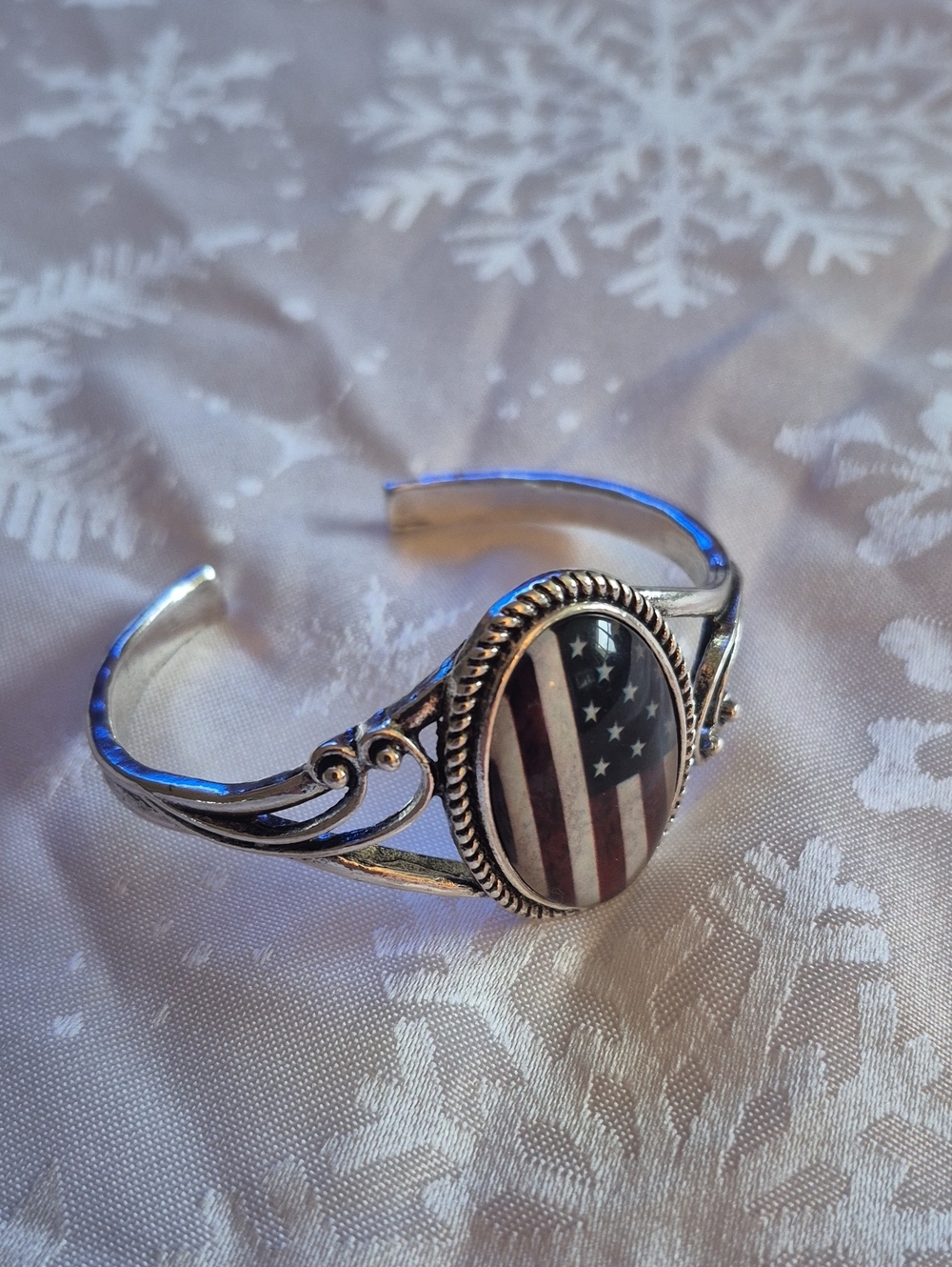 Patriotic Silver-Tone Cuff Bracelet with American Flag Oval